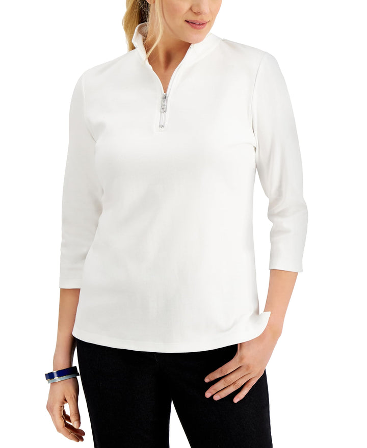 Karen Scott Cotton Zip Neck Top