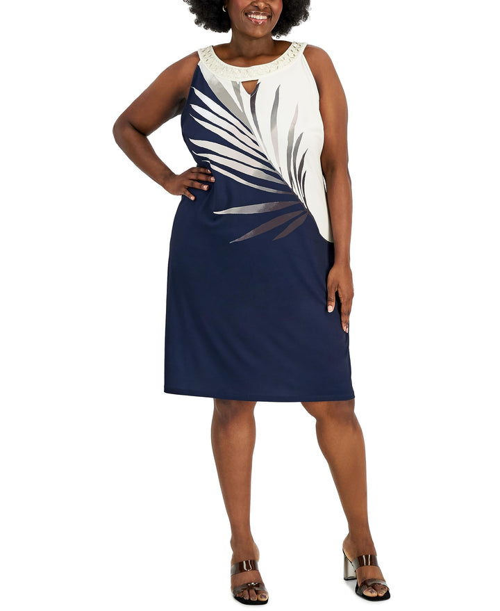 JM Collection Plus Size Palm Print Beaded Sleeveless Dress