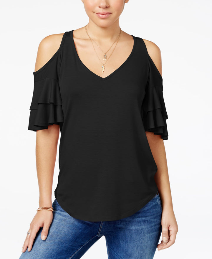 Almost Famous Juniors Ruffle Sleeve Cold Shoulder Top