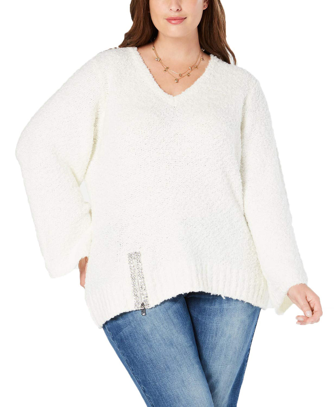 I.N.C. Plus Size Rhinestone-Zipper Sweater