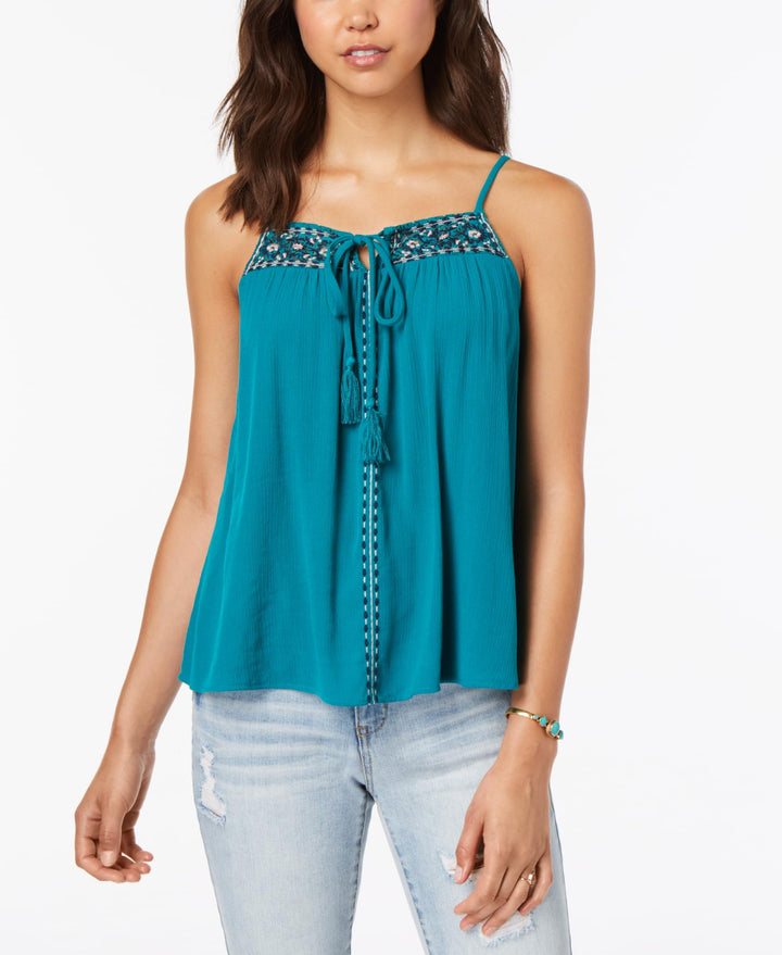 Juniors' Embroidered Tie-Front Tank Top