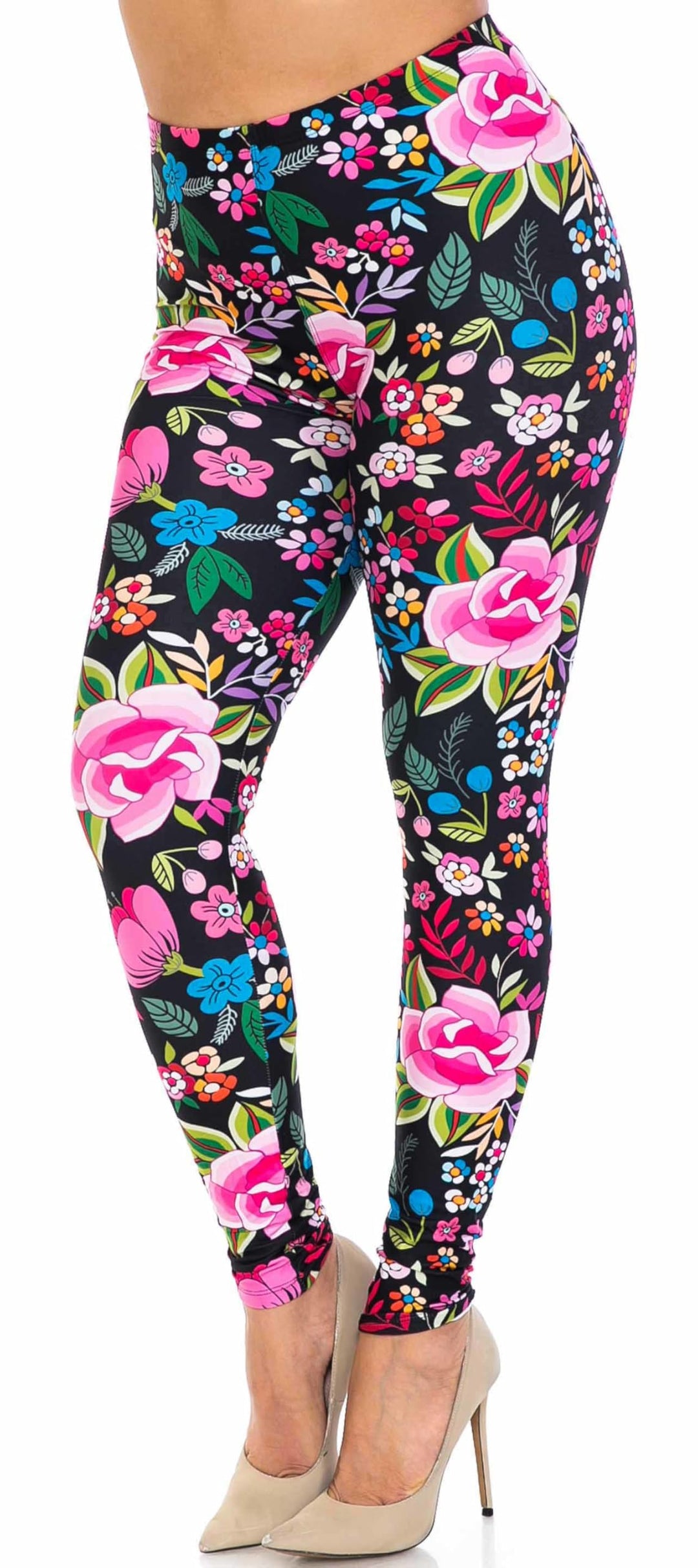 Creamy Soft Floral Oasis Extra Plus Size Leggings - 3X-5X - USA Fashion (XPlus One Size,Multi Color Bold)