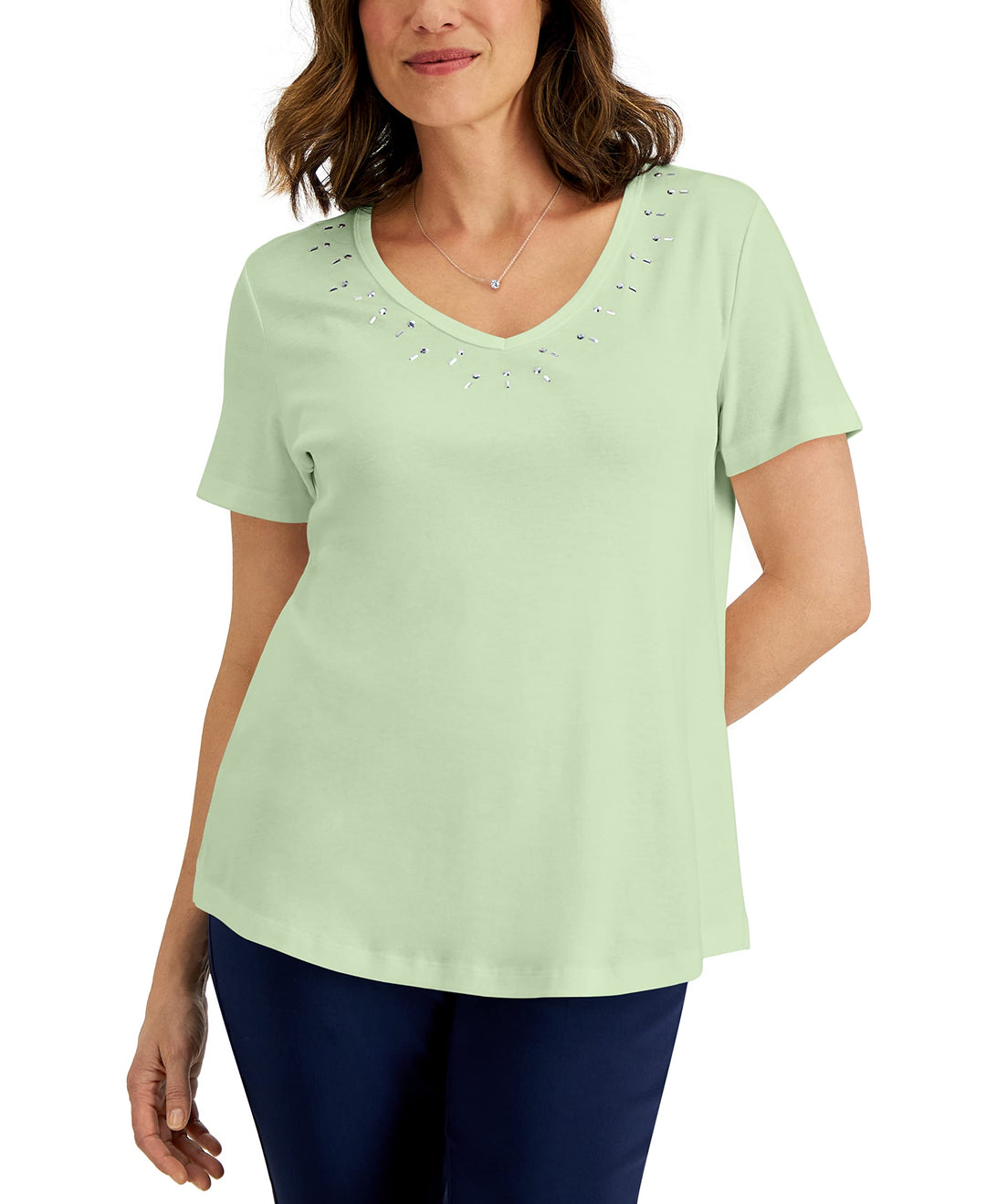 Karen Scott Womens Cotton Studded V Neck Top