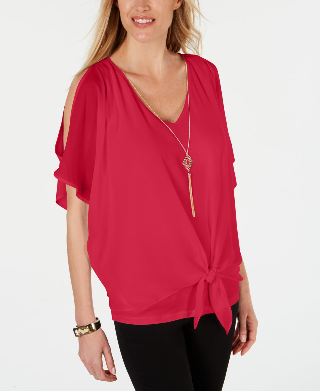 JM Collection Tie Front Necklace Blouse