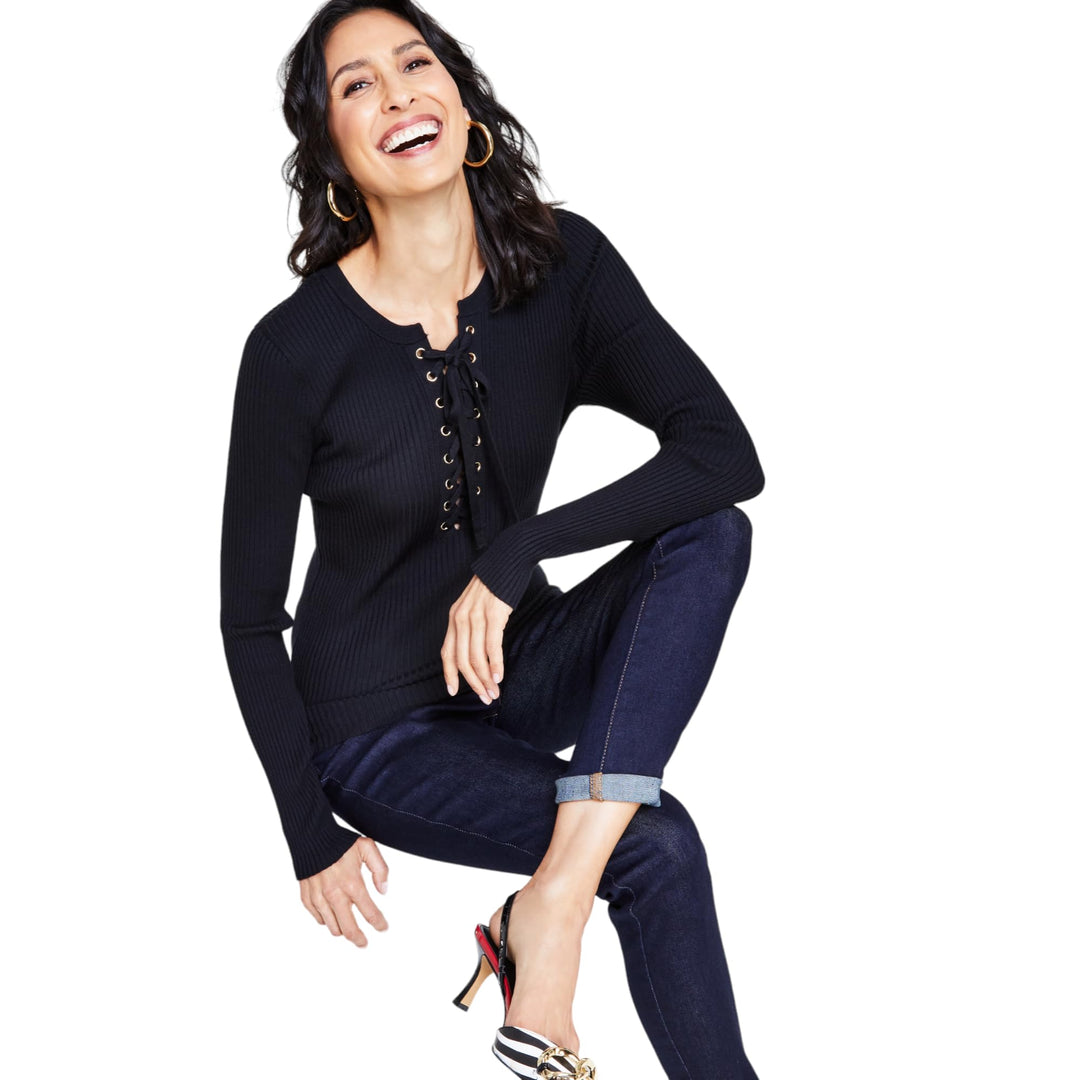 INC International Concepts Womens Lace Up Ribbed Sweater