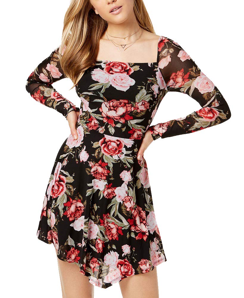 Juniors' Rose-Print Mesh Fit & Flare Dress