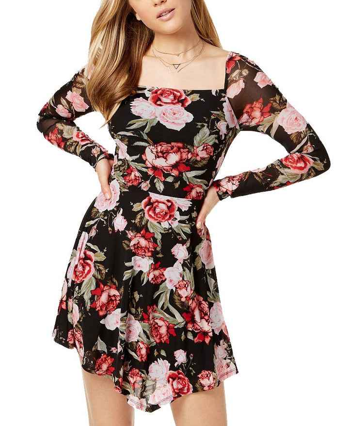 Juniors' Rose-Print Mesh Fit & Flare Dress