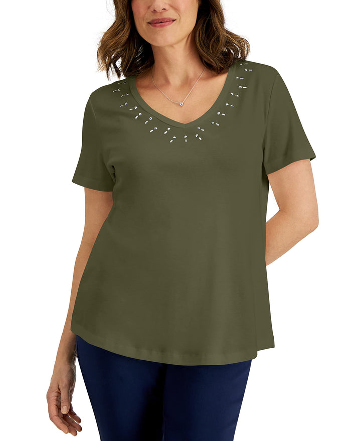 Karen Scott Womens Cotton Studded V Neck Top