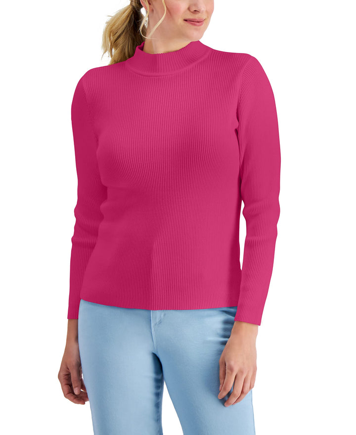 Karen Scott Cotton Solid Rib Mock Neck Sweater