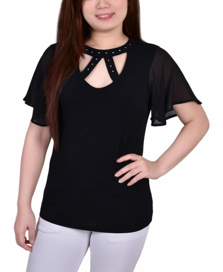 NY Collection Petite Short Flutter Sleeve Top With Rhinestone Studs