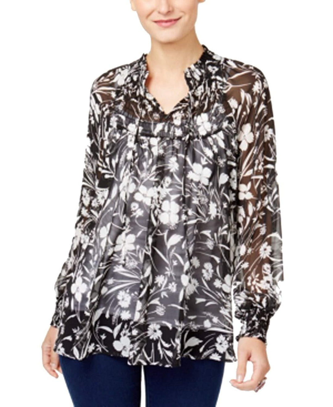 Style & Co Sante Fe Sheer Smocked Top