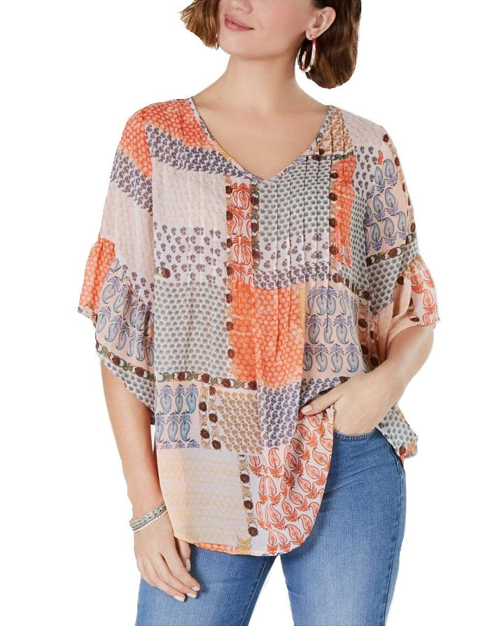 Retro Scarf-Print Pintuck-Pleat Top