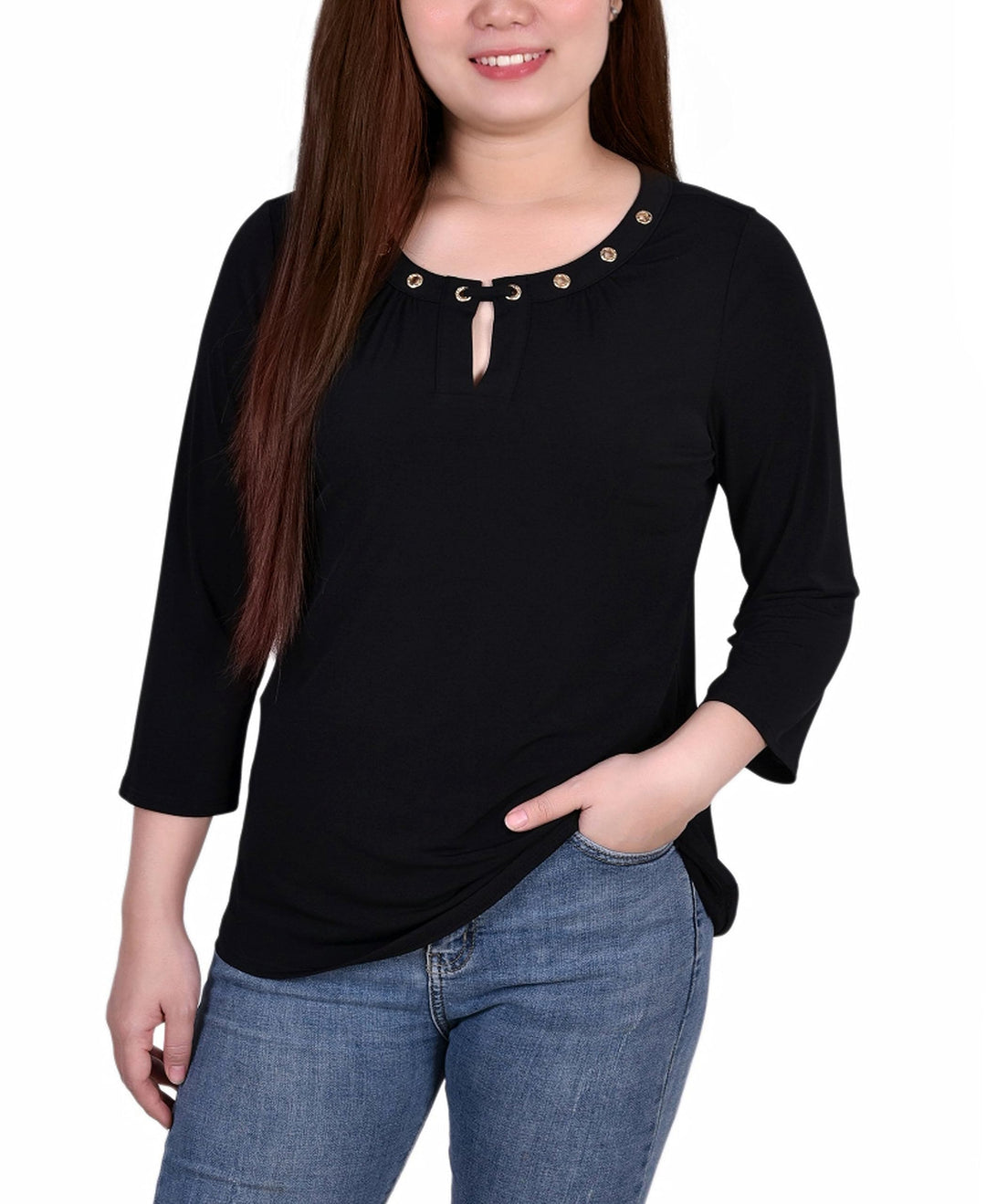Petite Size 3/4 Sleeve Grommet Top