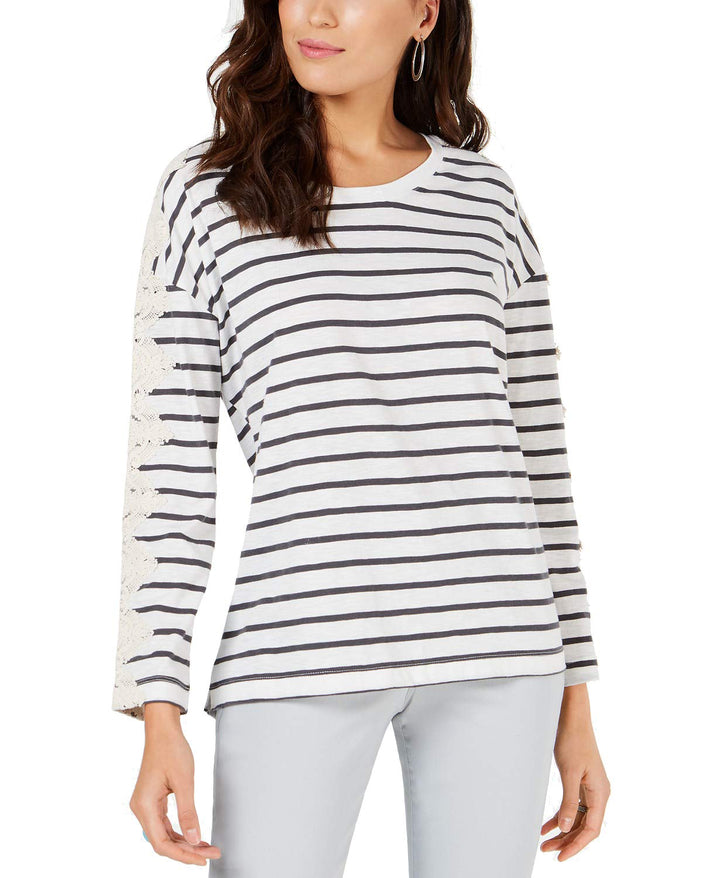 Style & Co Striped Lace Trim Top