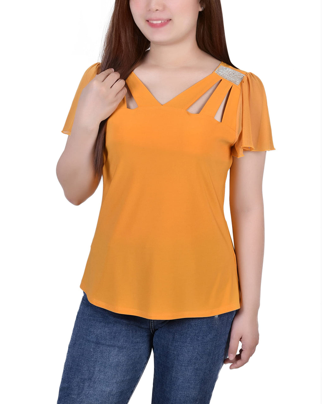 Petite Size Short Flutter Sleeve Top With Cutouts Stones