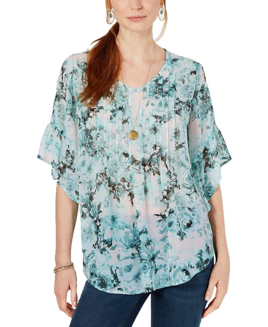 Retro Scarf-Print Pintuck-Pleat Top