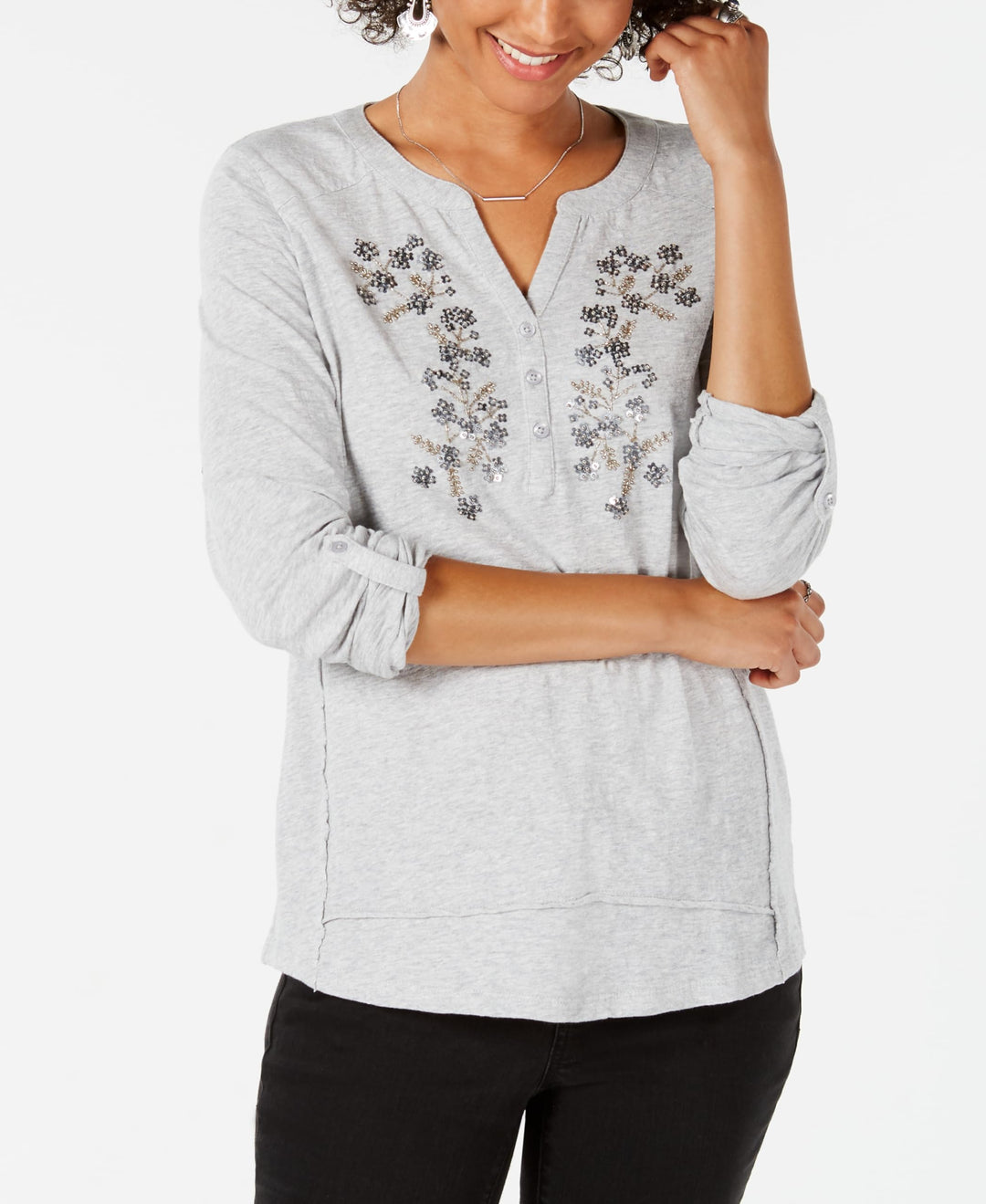 Style & Co Cotton Flower Embellished Top