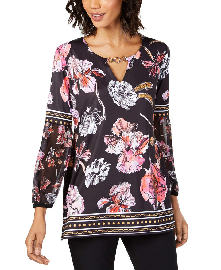 Floral-Print Keyhole Tunic