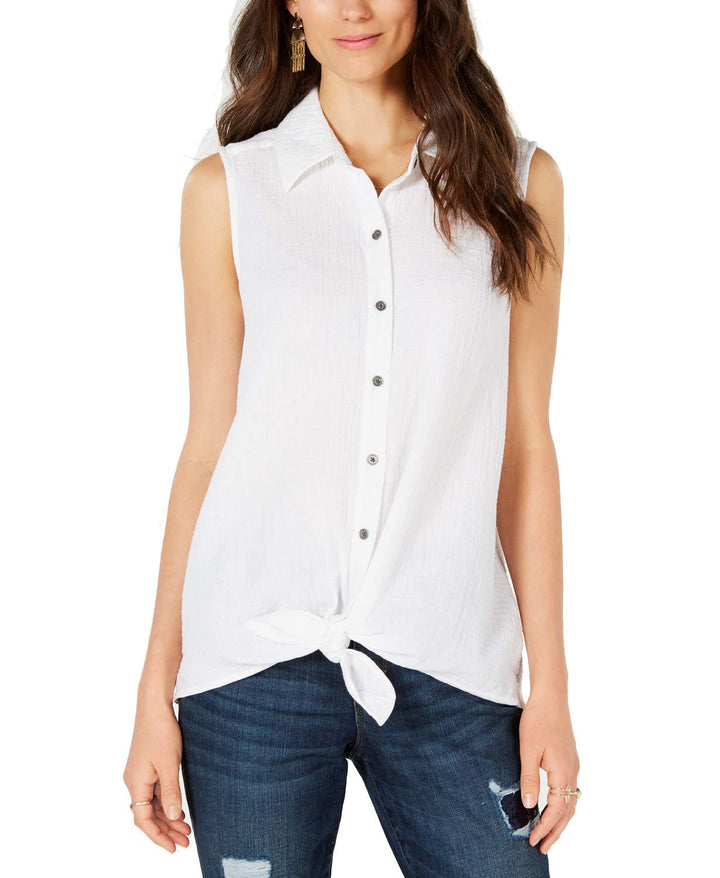Petite Tie-Front Button-Up Top