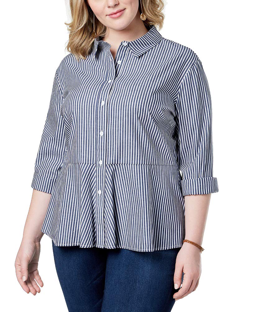 Say What Trendy Plus Size Cotton Striped Peplum Button Front Shirt