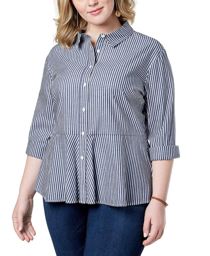 Say What Trendy Plus Size Cotton Striped Peplum Button Front Shirt