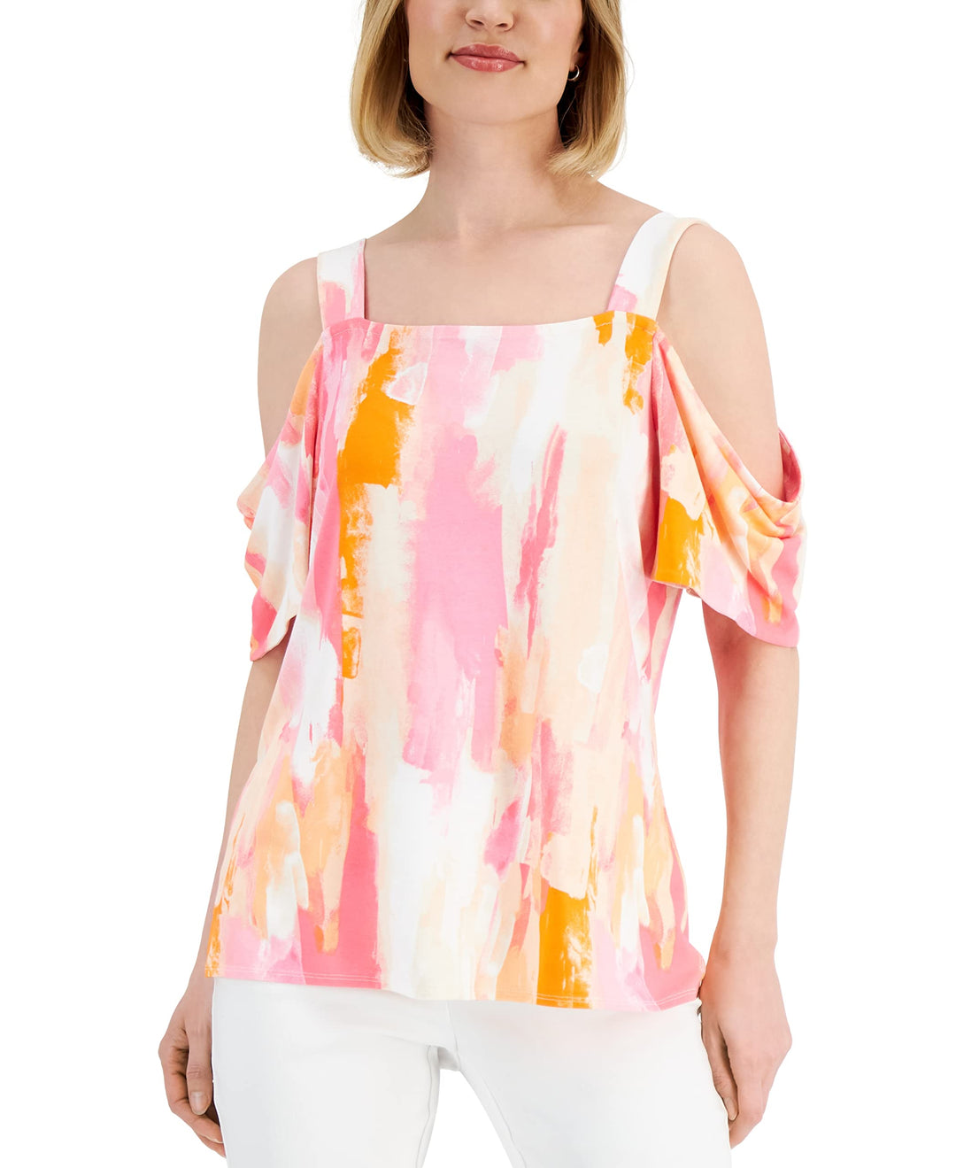 JM Collection Womens Printed Cold Shoulder Top