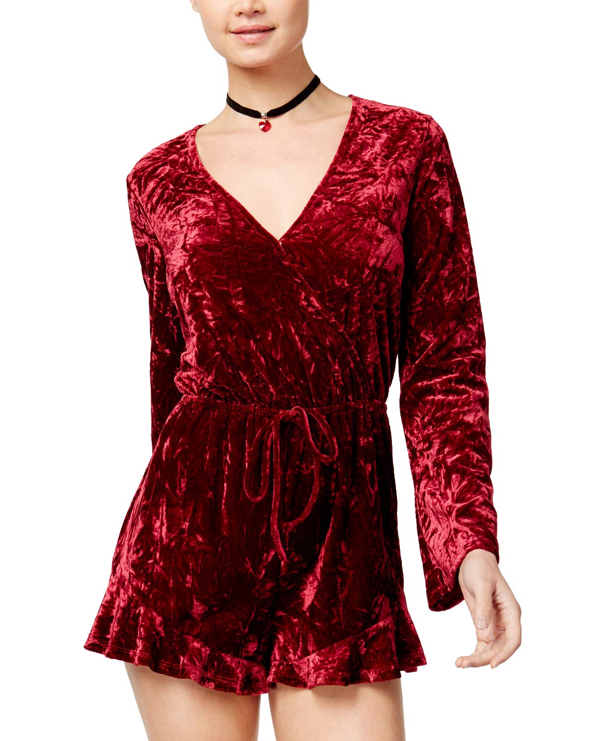 Juniors' Crushed Velvet Surplice Romper