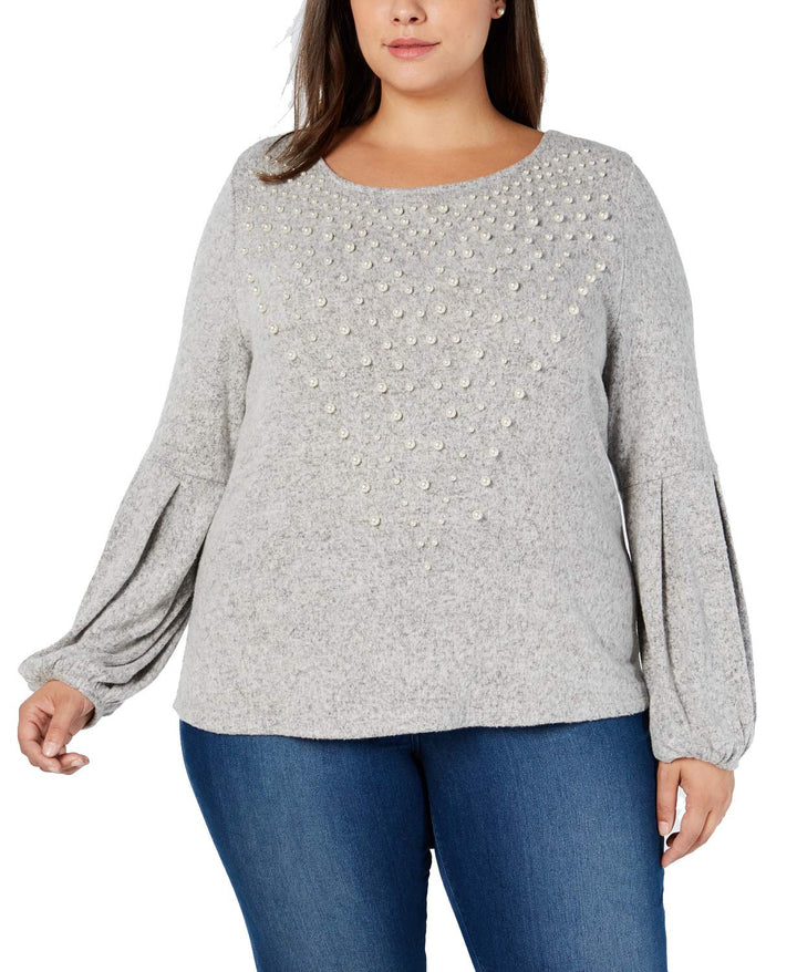 I.N.C. Plus Size Pearl-Embellished Puff-Sleeve Sweater