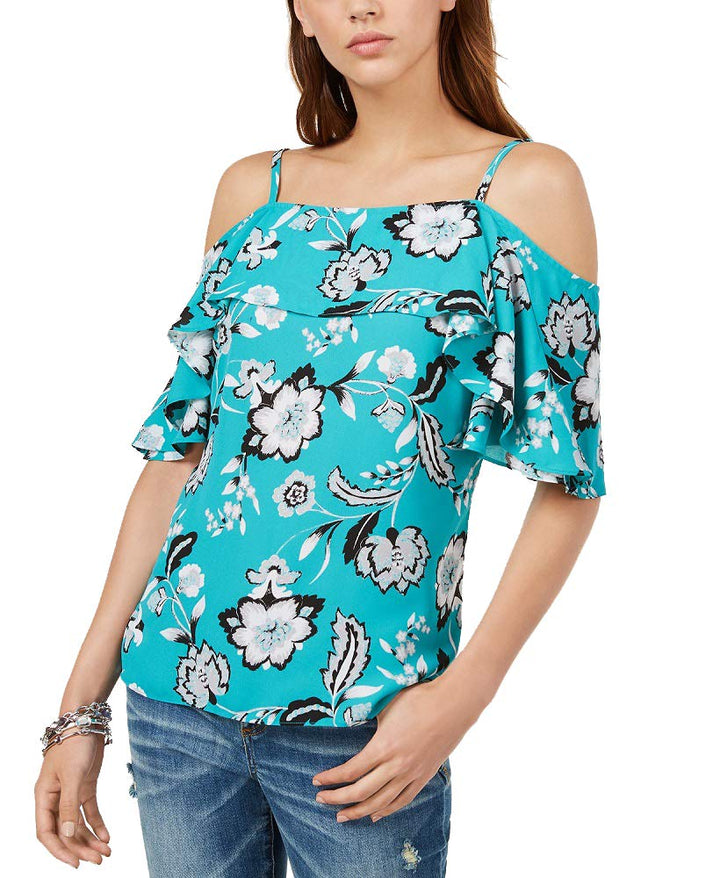 Printed Flounce Cold Shoulder Top