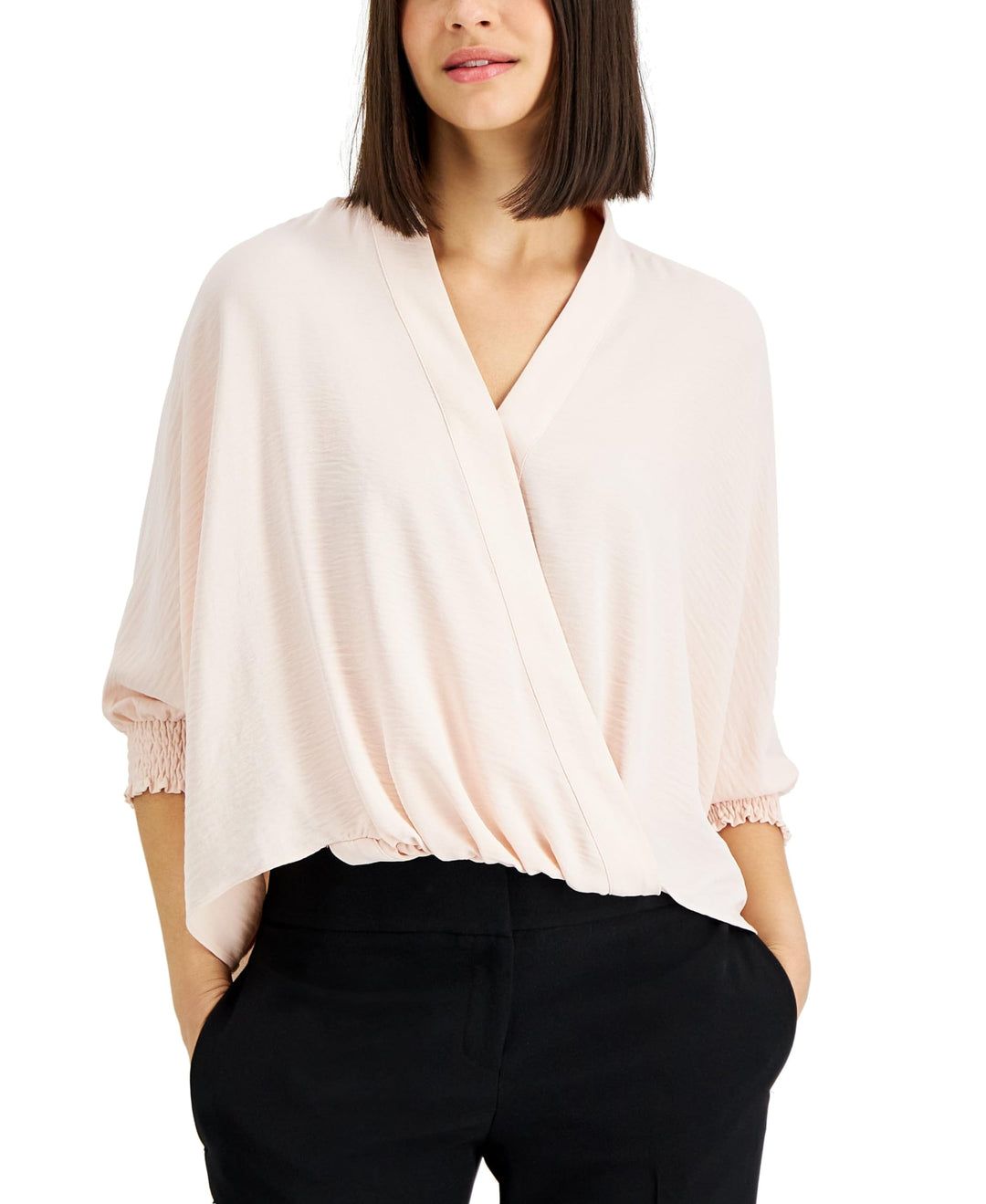 Alfani Faux Wrap Smocked Cuff Top