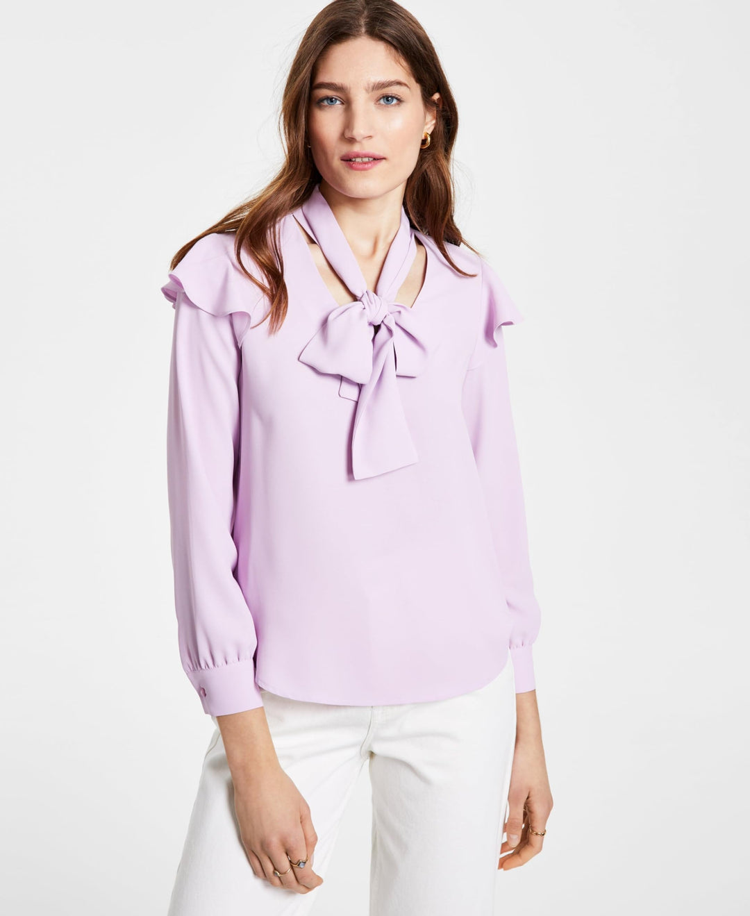 Bar III Bow Neck Ruffled Shoulder Blouse