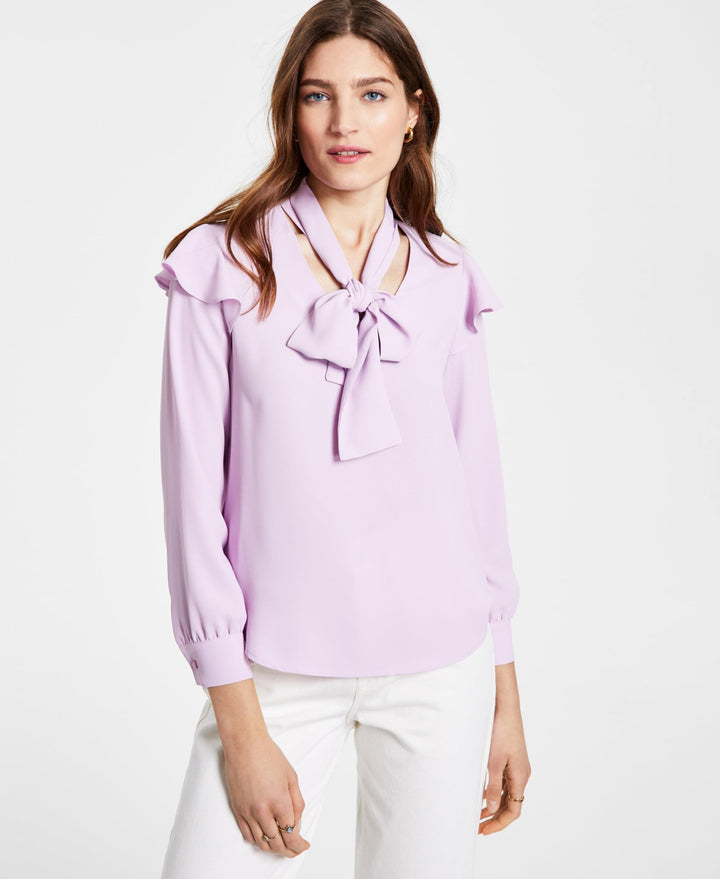 Bar III Bow Neck Ruffled Shoulder Blouse