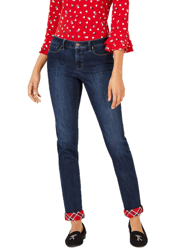 Plaid-Cuff Tummy-Control Skinny Jeans