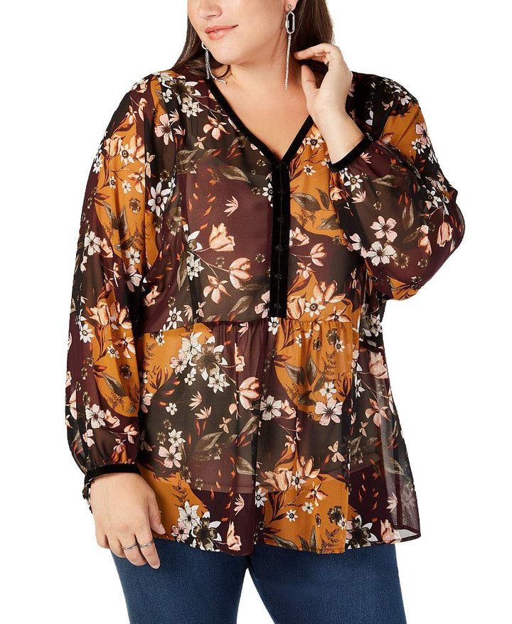 Plus Size Printed Sheer Blouse
