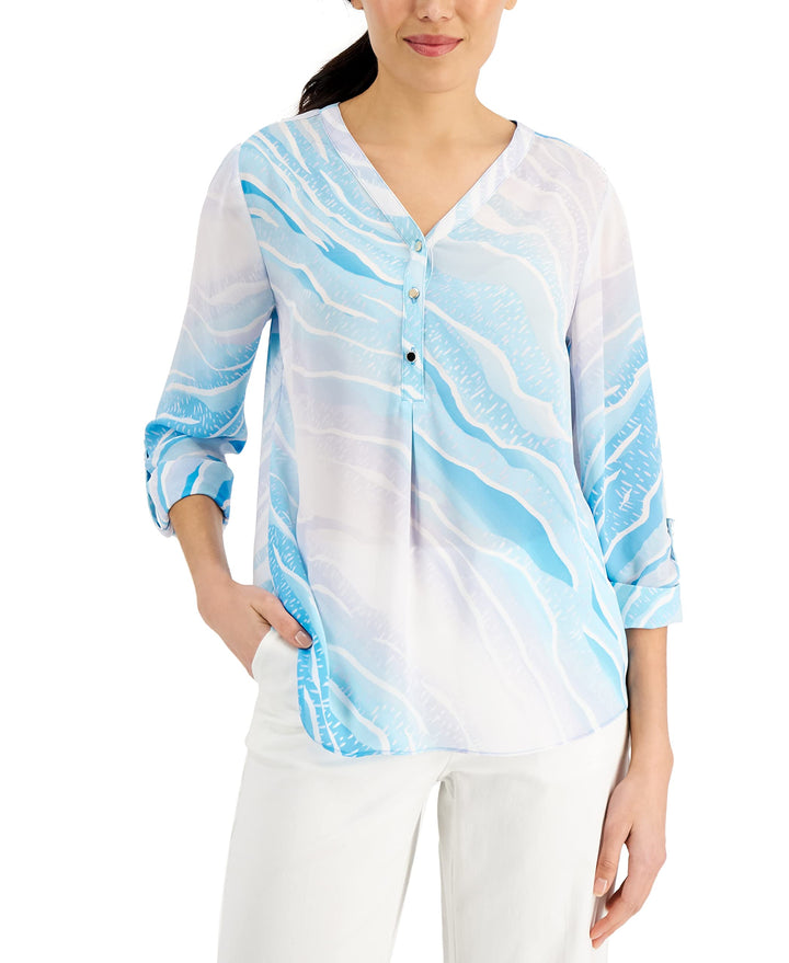 JM Collection Petite Printed Roll Tab Sleeve Top