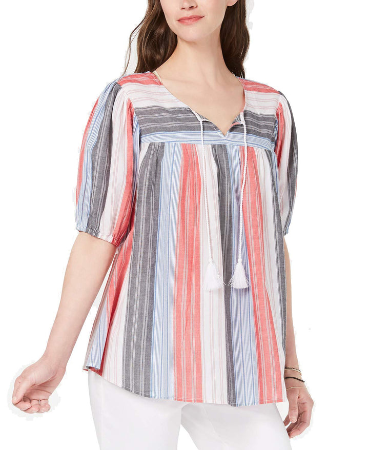 Striped Cotton Pleated Peasant Top