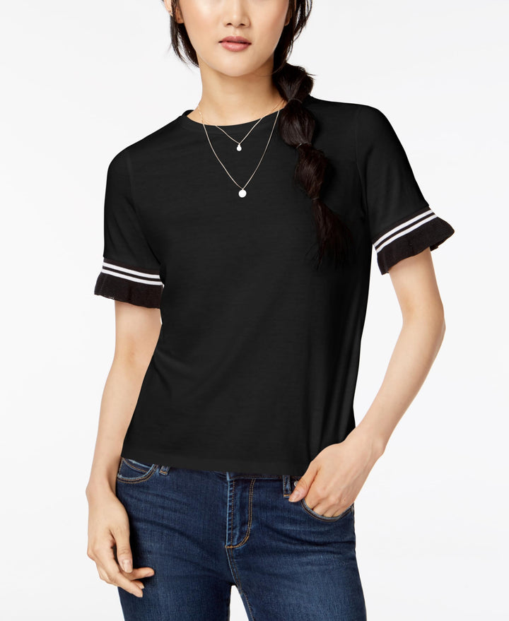 Juniors' Contrast Stripe Ruffle-Sleeve T-Shirt