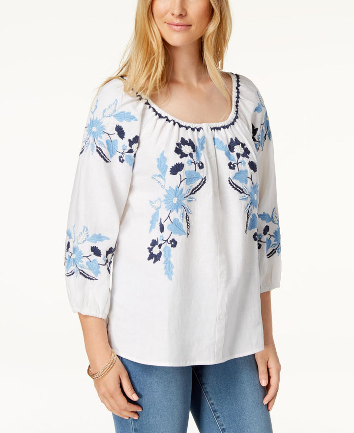 Charter Club Linen Embroidered Peasant Top