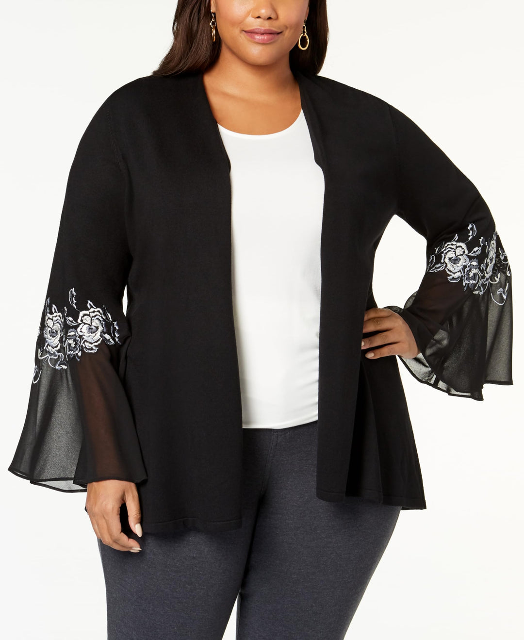 Alfani Plus Size Embroidered Chiffon Sleeve Cardigan