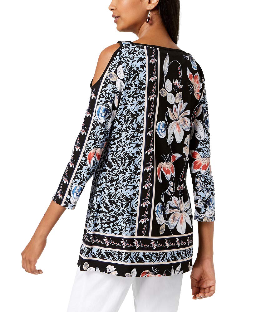JM Collection Printed Embellished Cold Shoulder Top