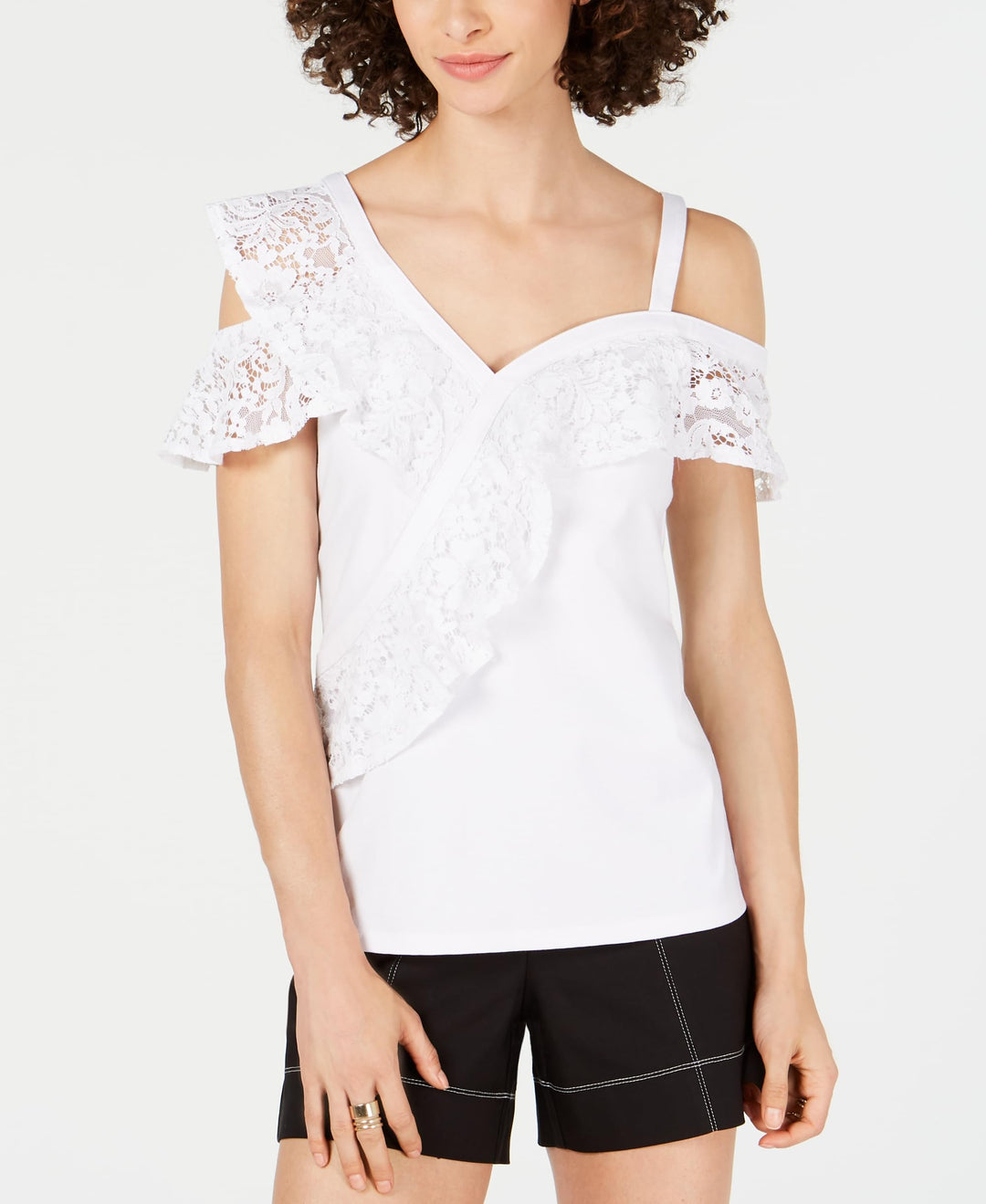 Lace Ruffle Cold Shoulder Top