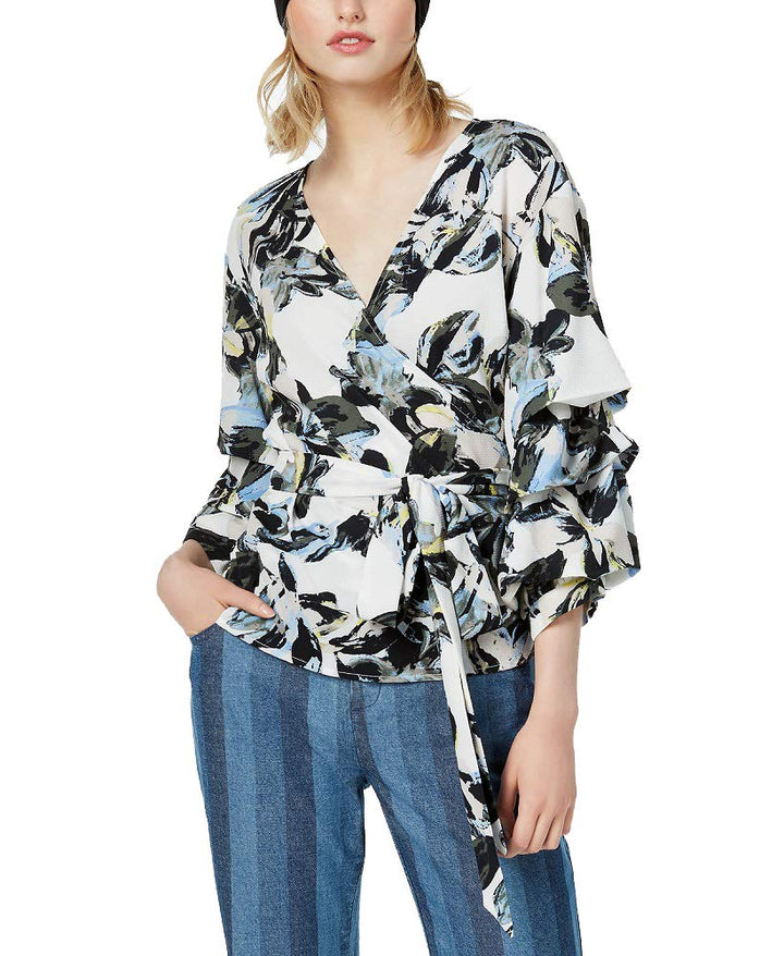 Printed Surplice Ruffled-Sleeve Top