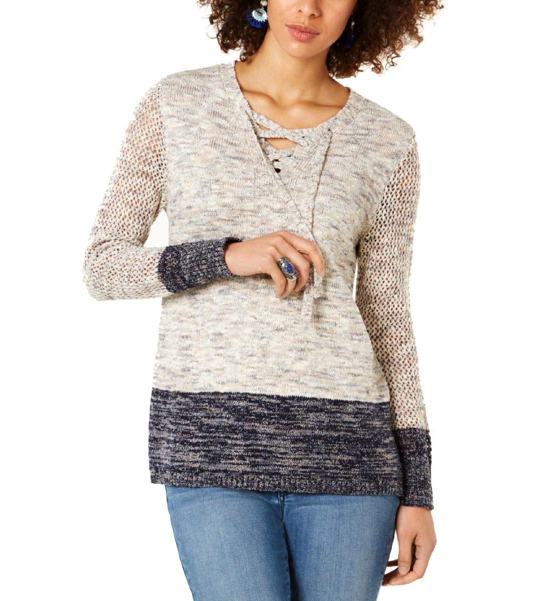 Pointelle-Sleeve Lace-Up Sweater