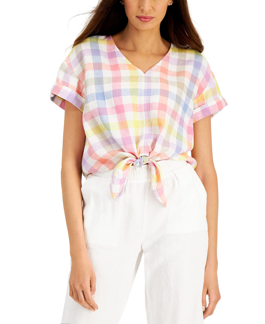 Charter Club Linen Gingham Tie Front Top