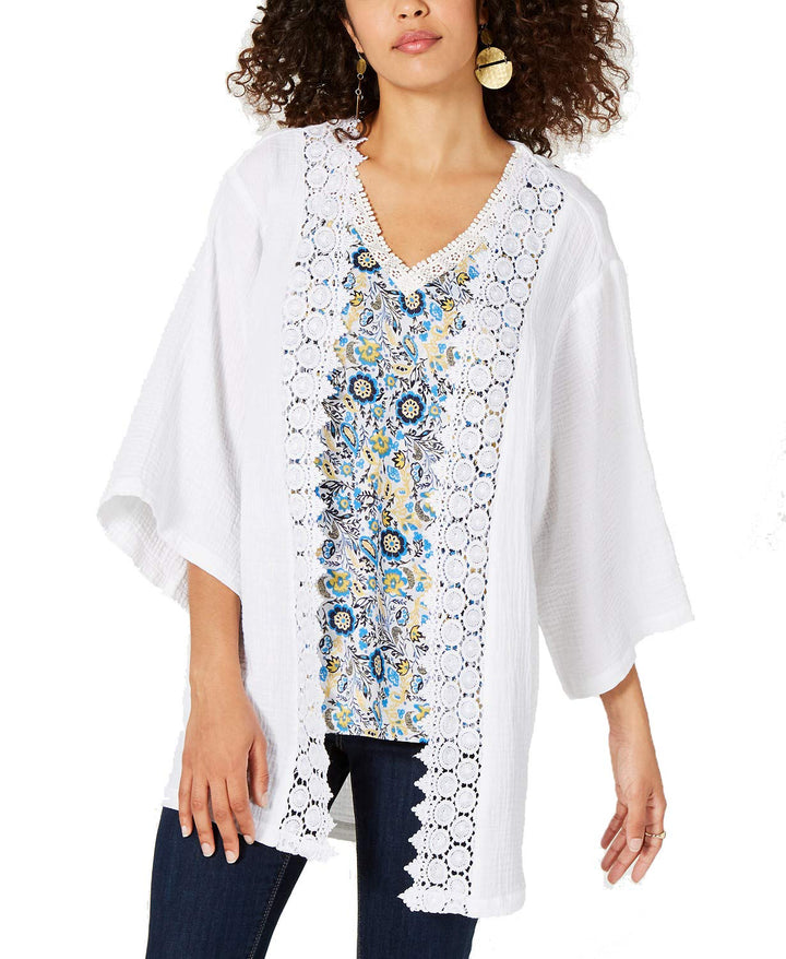 Cotton Textured Lace-Trim Kimono
