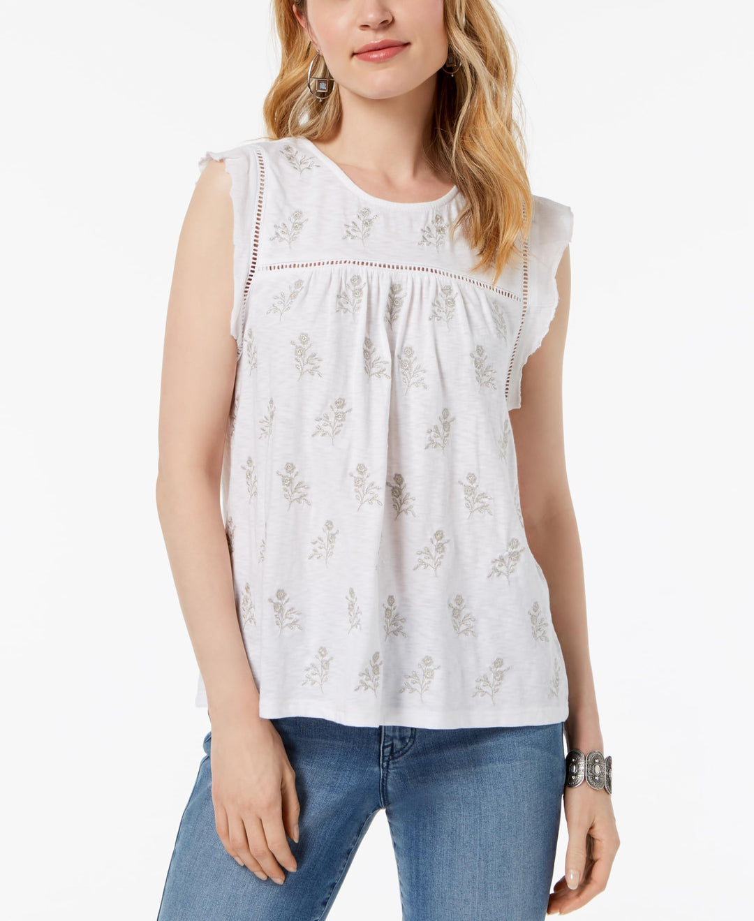 Style & Co Embroidered Crochet Trim Top