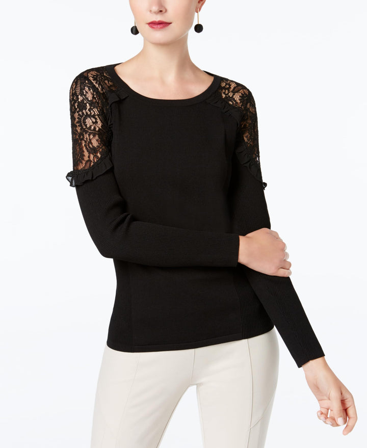 International Concept Lace Shoulder Ruffled Sweater