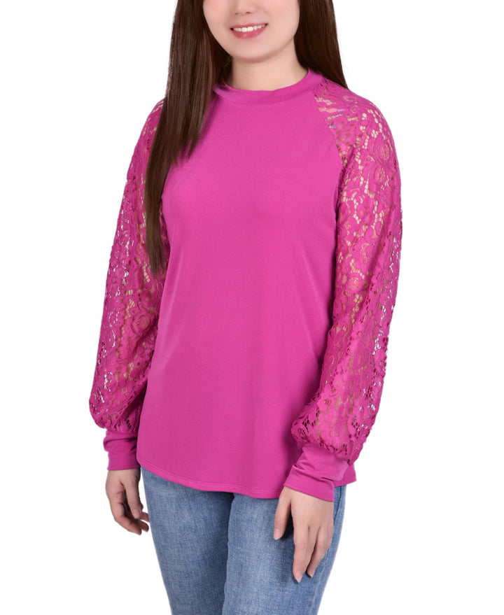 Petite Knit Crepe With Long Lace Balloon Sleeves Top