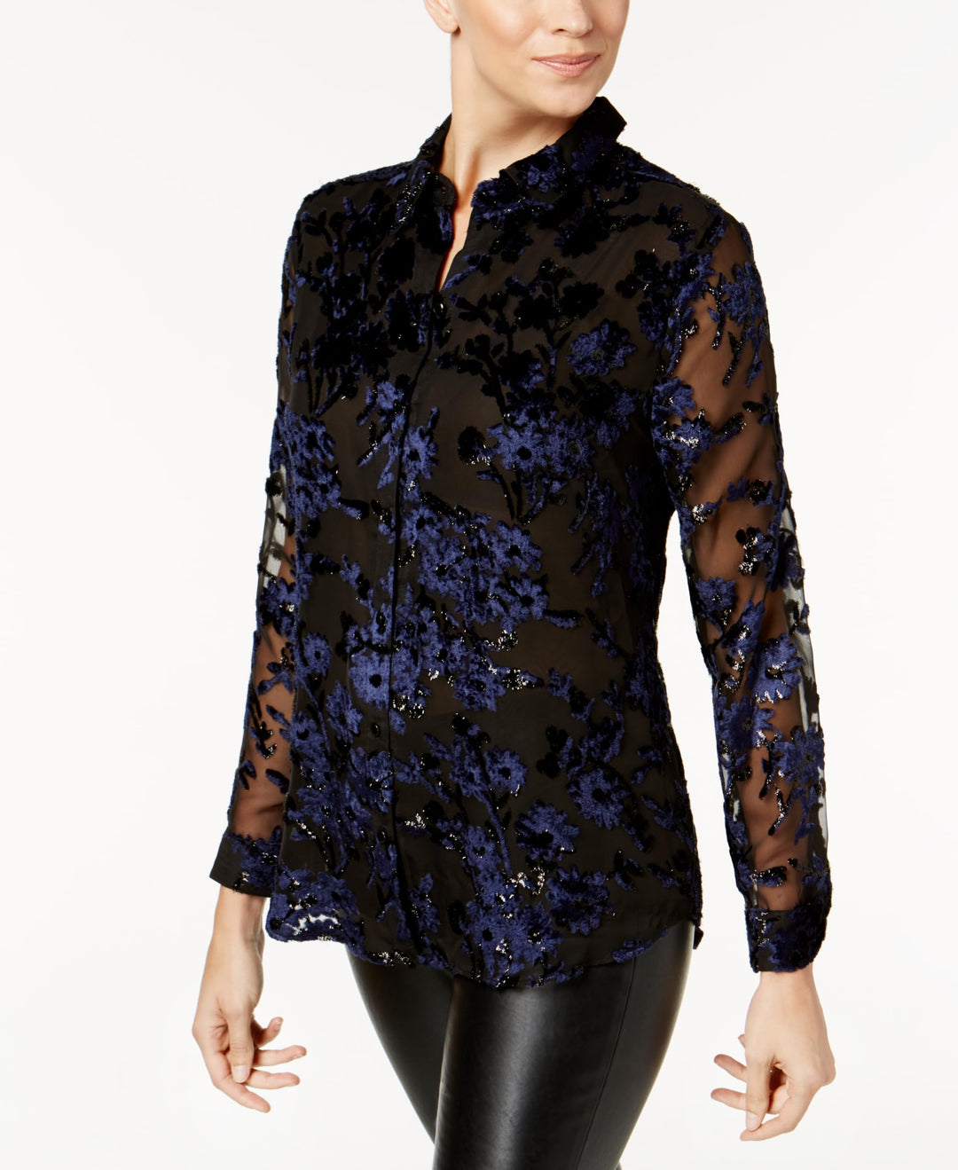 Charter Club Petite Flocked Button Down Blouse