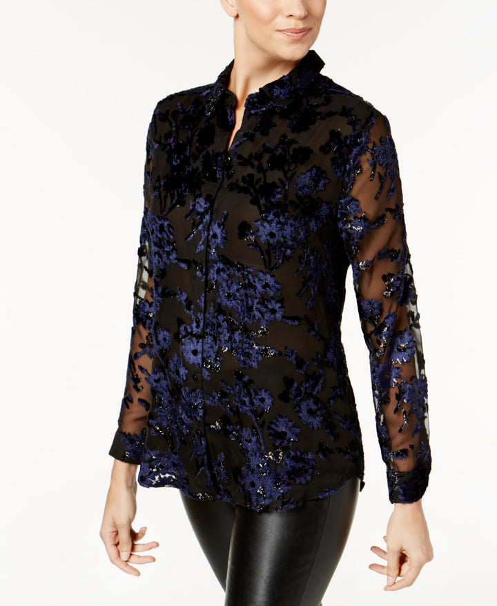 Charter Club Petite Flocked Button Down Blouse